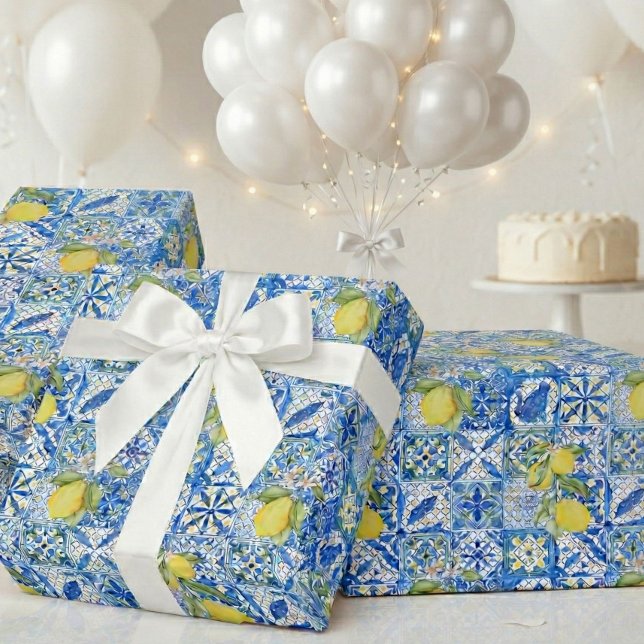 Blue Tile French Country Lemon Pattern Provencal Geschenkpapier (Von Creator hochgeladen)