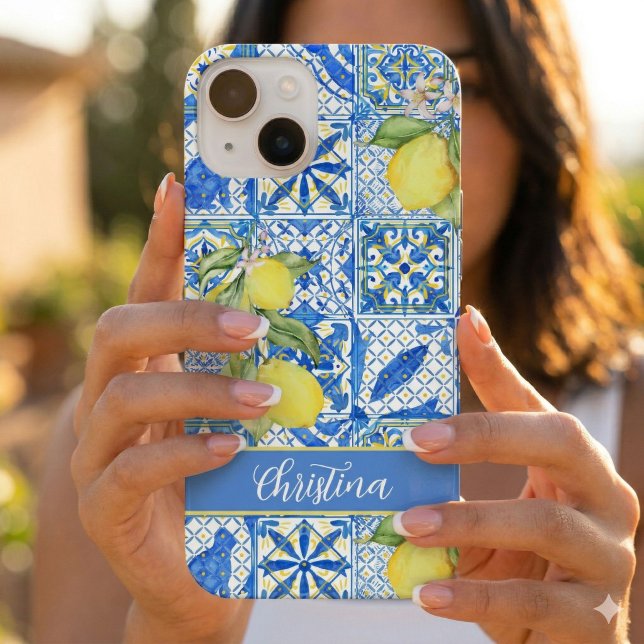 Blue Tile French Country Lemon Pattern Provencal iPhone Hülle (Von Creator hochgeladen)