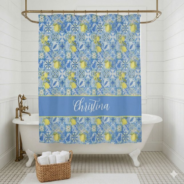 Blue Tile French Country Lemon Pattern Shower Curt Duschvorhang (Von Creator hochgeladen)