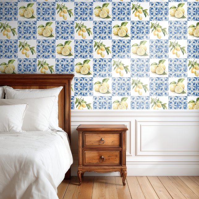 Blue Tile French Country Lemon Pattern Tapete (Von Creator hochgeladen)