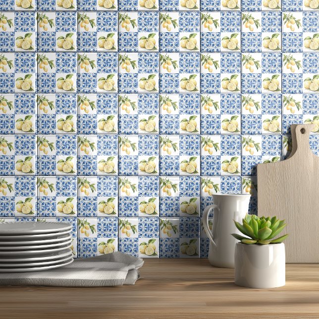 Blue Tile French Country Lemon Pattern Tile Fliese (Von Creator hochgeladen)