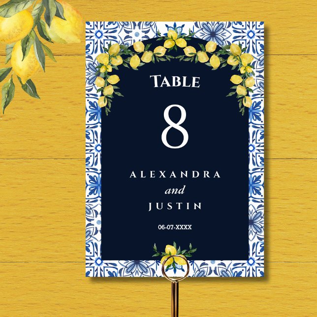 Blue Tile Italian Lemon Mediterranean Wedding Tischnummer (Von Creator hochgeladen)