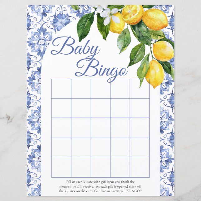 Blue Tile Lemon Baby Dusche Bingo (Vorderseite)