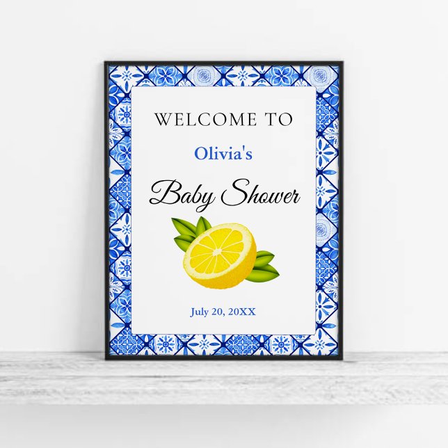 Blue Tile Lemon Baby Dusche Empfang Poster (Italian Blue Tile Lemon Baby Shower Welcome Sign )