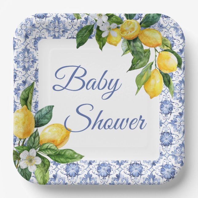Blue Tile Lemon Baby Dusche Pappteller (Vorderseite)