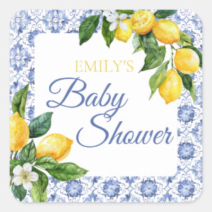 Blue Tile Lemon Baby Dusche Quadratischer Aufkleber