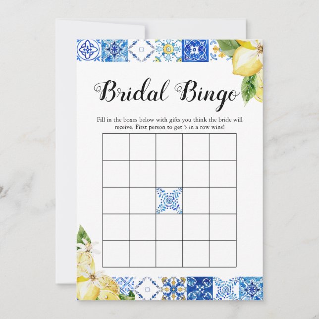 Blue Tile Lemon Brautparty Bridal Bingo Game Einladung (Vorderseite)