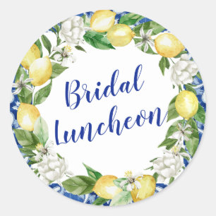 Blue Tile Lemon Bridal Luncheon Runder Aufkleber