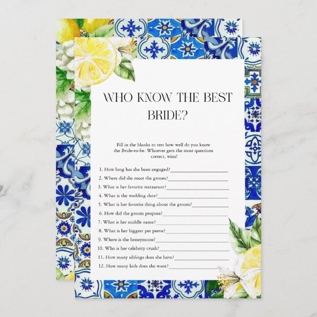 Blue Tile Lemon Bridal Showerspiel Einladung (Vorne/Hinten)