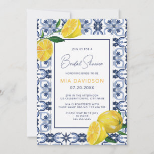 Blue Tile & Lemon Citrus Summer Brautparty Einladung