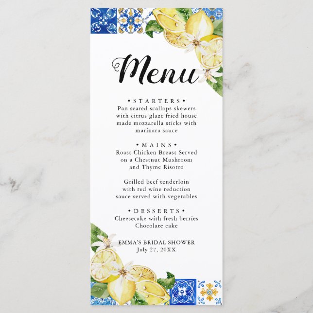 Blue Tile Lemon Italian Brautparty Menu Card Menükarte (Vorderseite)
