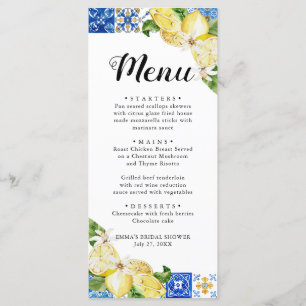 Blue Tile Lemon Italian Brautparty Menu Card Menükarte