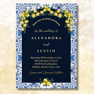 Blue Tile Lemon Italienische Mittelmeer Hochzeit Folieneinladung