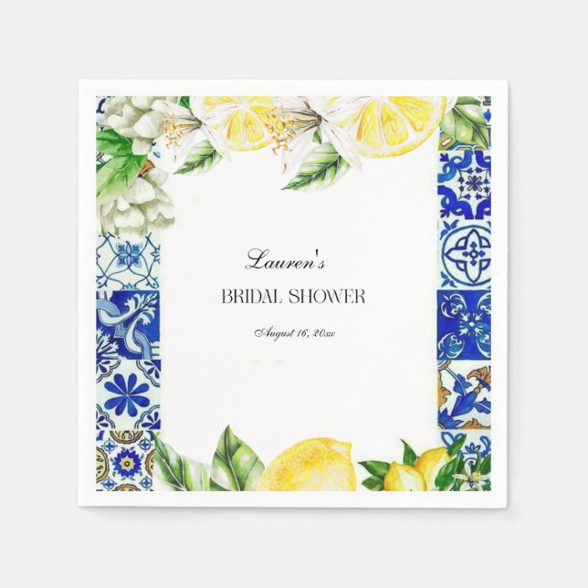 Blue Tile Lemon Italienischer Brautparty Empfang Serviette (Vorderseite)