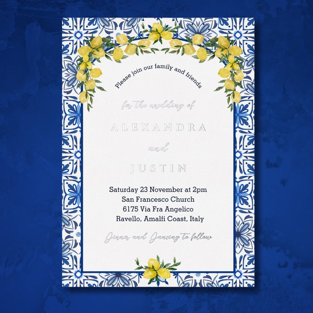 Blue Tile Lemon Mediterrane Hochzeit Folieneinladung (Von Creator hochgeladen)