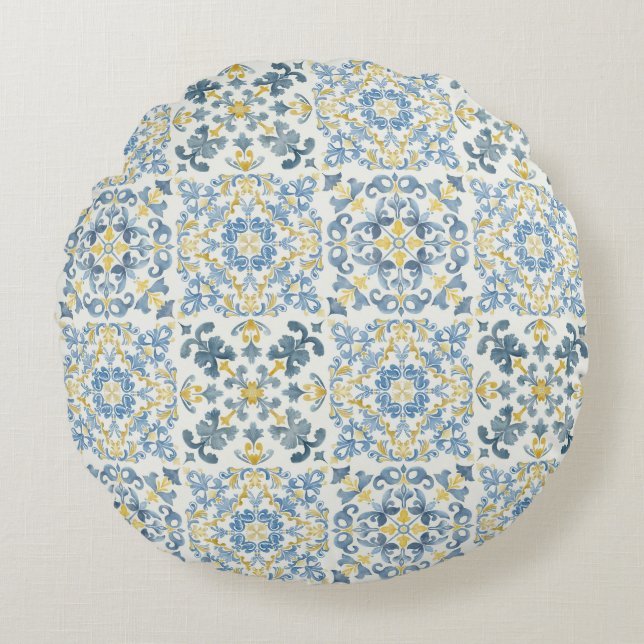 Blue Tile Lemon Rundes Kissen (Vorderseite)