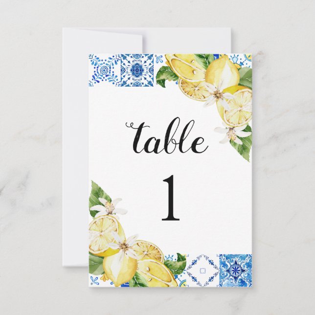 Blue Tile Lemons Tischnummer Cards (Vorderseite)