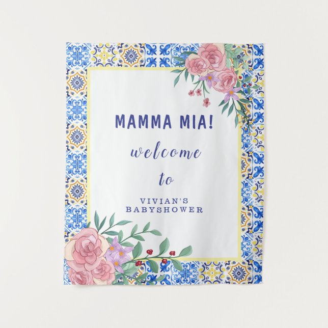 Blue Tile Mamma Mia Baby Dusche Empfang Wandteppich (Vorderseite)