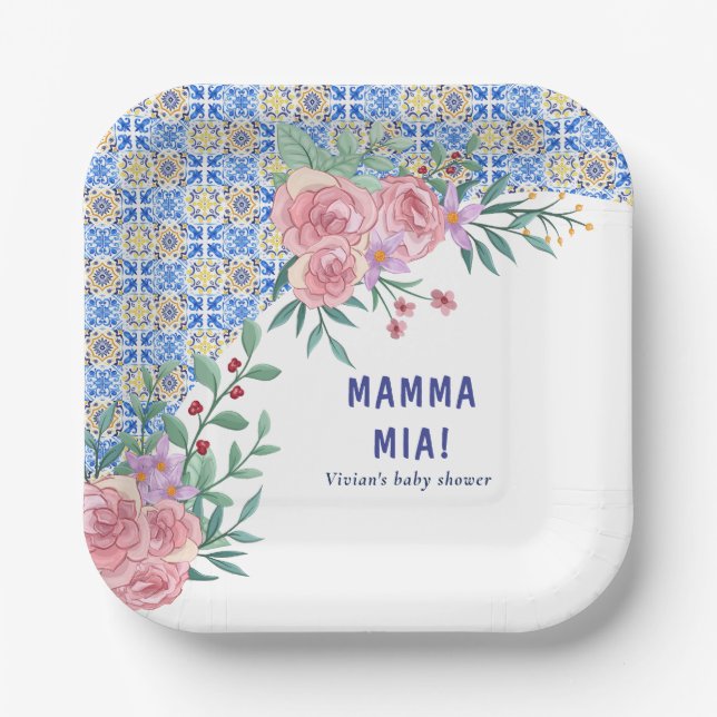 Blue Tile Mamma Mia Baby Dusche Pappteller (Vorderseite)