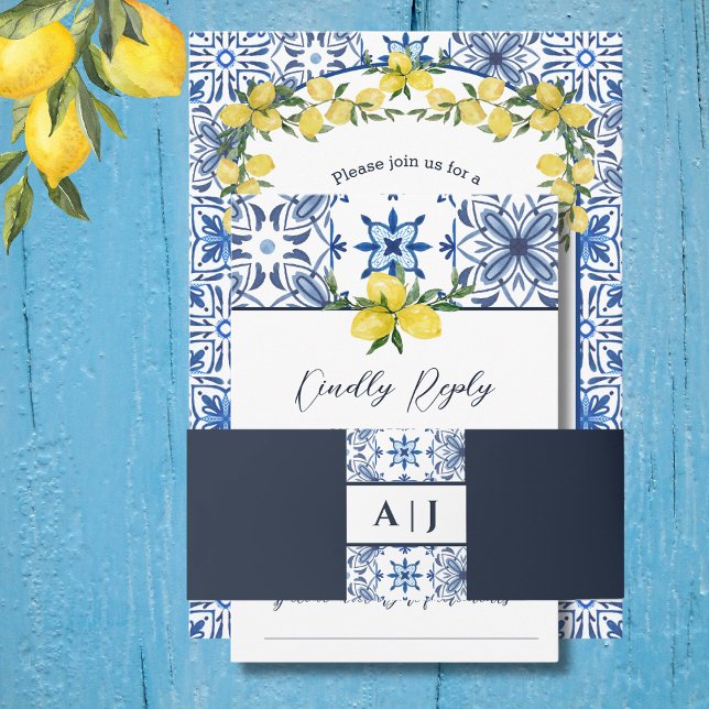 Blue Tile Monogram Italian Wedding Einladungsbanderole (Von Creator hochgeladen)