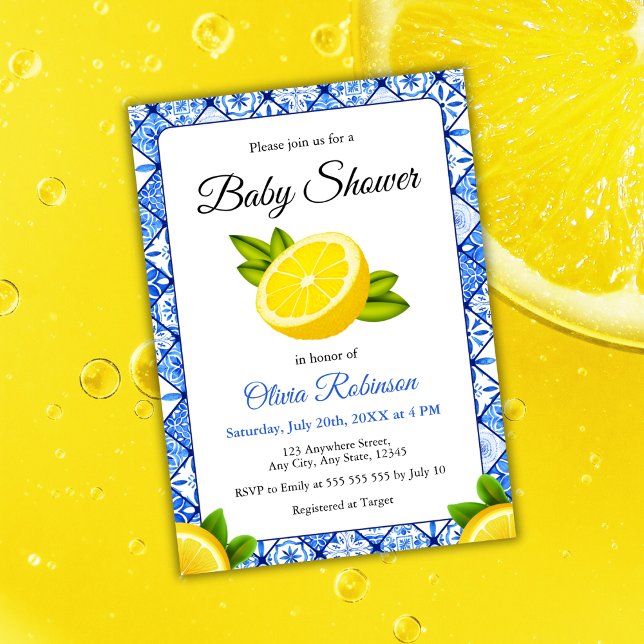 Blue Tile Positano Lemon Babydusche Einladung (Italian Blue Tile Positano Lemon Baby Shower Invitation )
