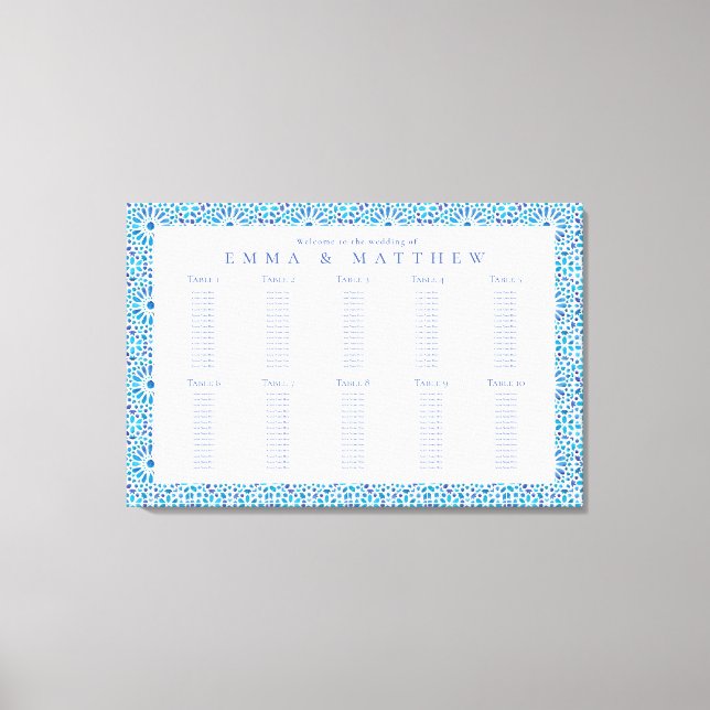Blue Tile Wedding Chart finden Sie Ihren Sitzplatz Leinwanddruck (Vorderseite)