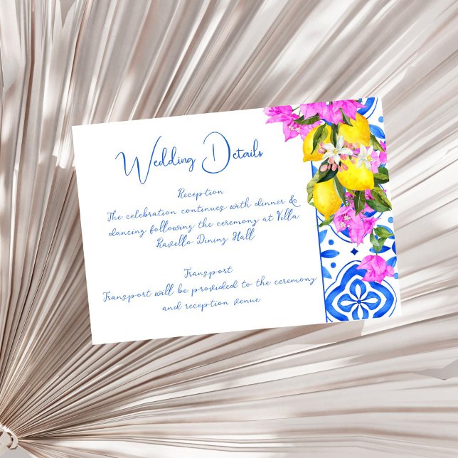 Blue Tiles Bougainvillea Zitronen Hochzeit Begleitkarte (Blue Tiles Bougainvillea lemons elegant wedding details Enclosure Card Mediterranean themed)