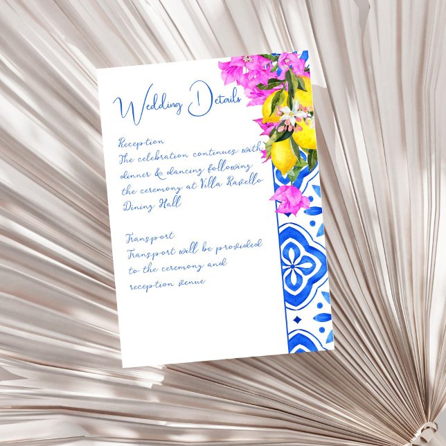 Blue Tiles Bougainvillea Zitronen Hochzeit Begleitkarte (Blue Tiles Bougainvillea lemons elegant wedding details Enclosure Card)