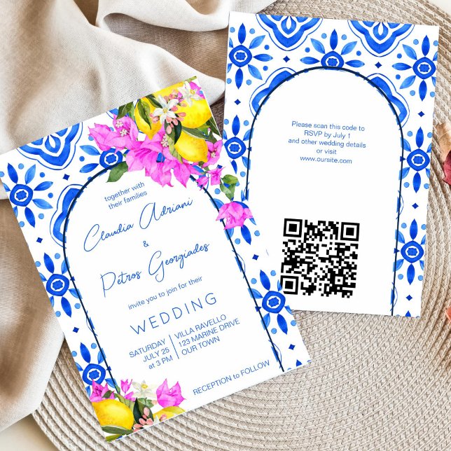 Blue Tiles Bougainvillea Zitronen Hochzeit Einladung (Blue tiles lemon bougainvillea Mykonos Santorini Greek Amalfi Mediterranean themed wedding invite )