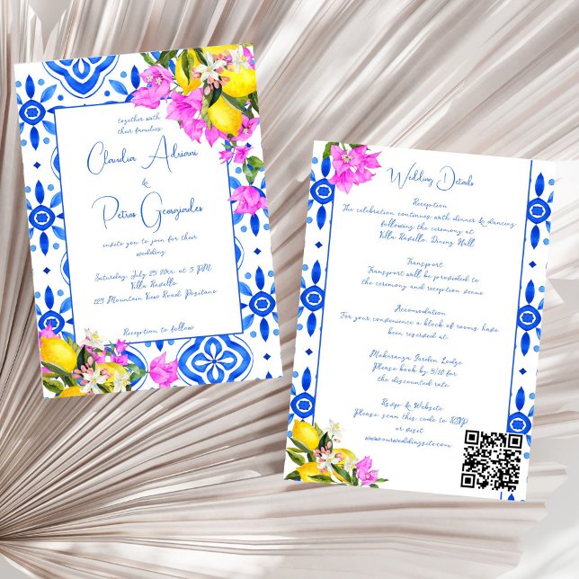 Blue Tiles Bougainvillea Zitronen Hochzeit Einladung (Blue Tiles Bougainvillea lemons Mediterranean elegant wedding all in one Invitation template)