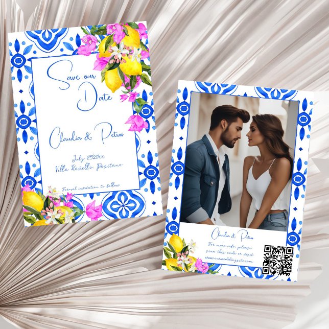 Blue Tiles Bougainvillea Zitronen Hochzeit Save The Date (Blue Tiles Bougainvillea lemons elegant wedding photo template Save The Date card Mediterranean)