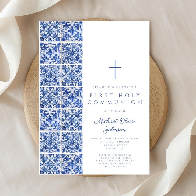 Blue Tiles Boy First Communion Einladung (Mediterranean Blue Tiles Boy First Communion Invitation)