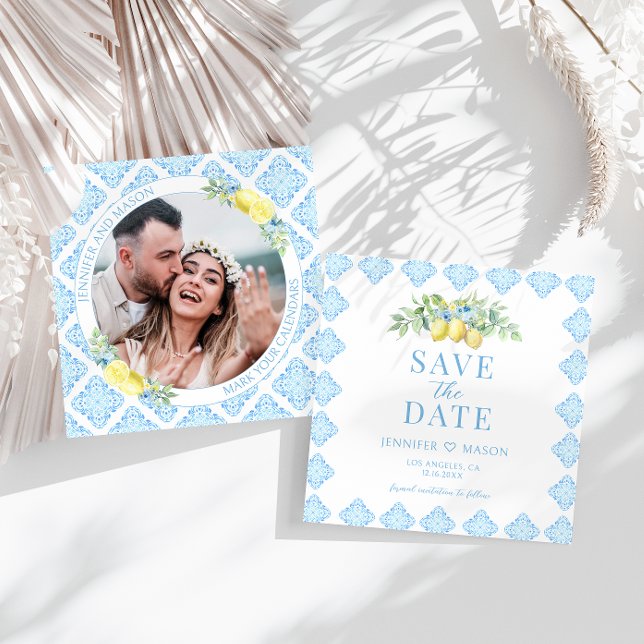 Blue Tiles Lemon Save the Date Foto Einladung (Von Creator hochgeladen)