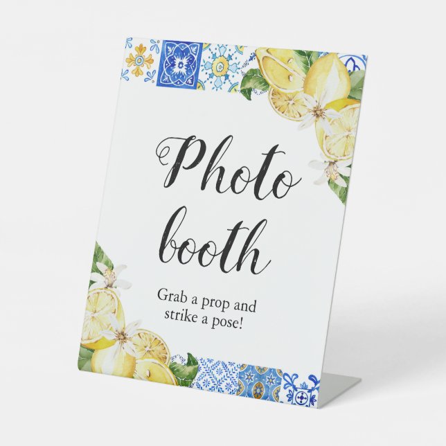 Blue Tiles Lemons Foto Booth Brautparty Sign Sockelschild (Vorderseite)