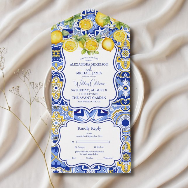 Blue tiles Lemons Wedding All In One Einladung (Von Creator hochgeladen)
