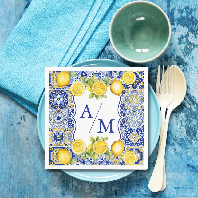 Blue tiles Lemons Wedding Serviette (Von Creator hochgeladen)