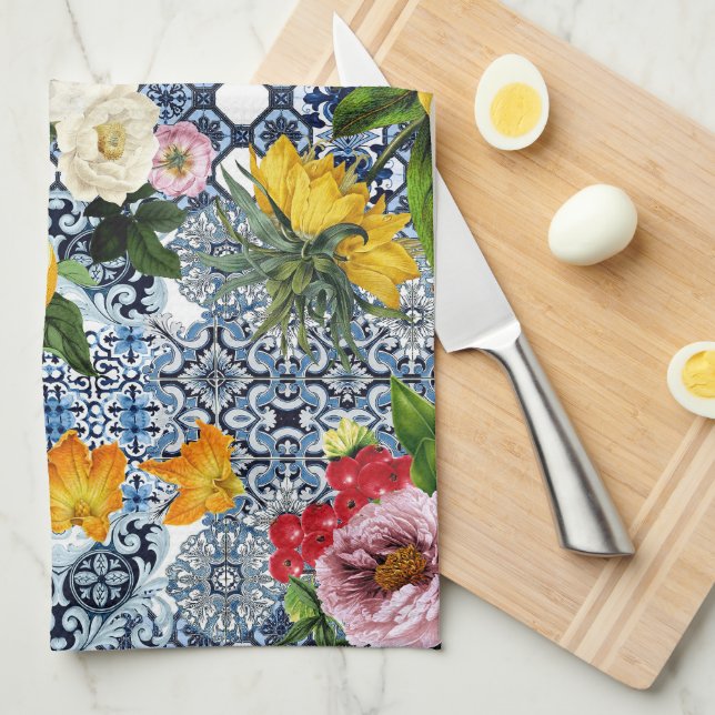 Blue tiles Mediterranean Floral  Geschirrtuch (Viertel Falte)