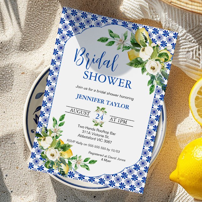 Blue Tiles Rose Lemon Brautparty Einladung (Blue Mediterranean Tile Bridal Shower Invitations template, Mediterranean Shower Invitation, Lemon)