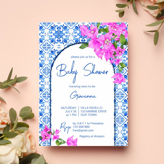 Blue Tiles und Bougainvillea elegante Baby-Dusche Einladung (Von Creator hochgeladen)