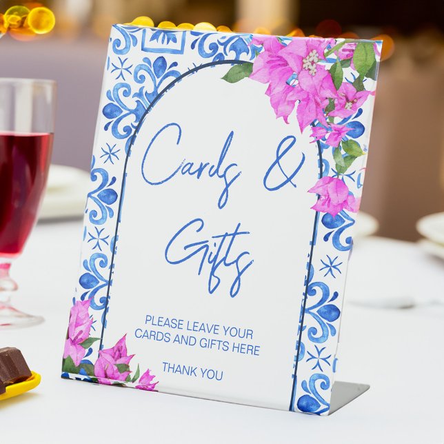 Blue Tiles und Bougainvillea Geschenke aus dem Mit Sockelschild (Blue Tiles and Bougainvillea Mediterranean bridal shower wedding gifts table Pedestal Sign)