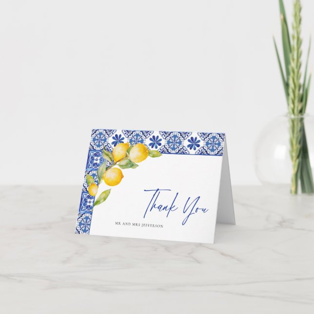 Blue Tiles Wedding Lemons Dankeskarte (Vorderseite)