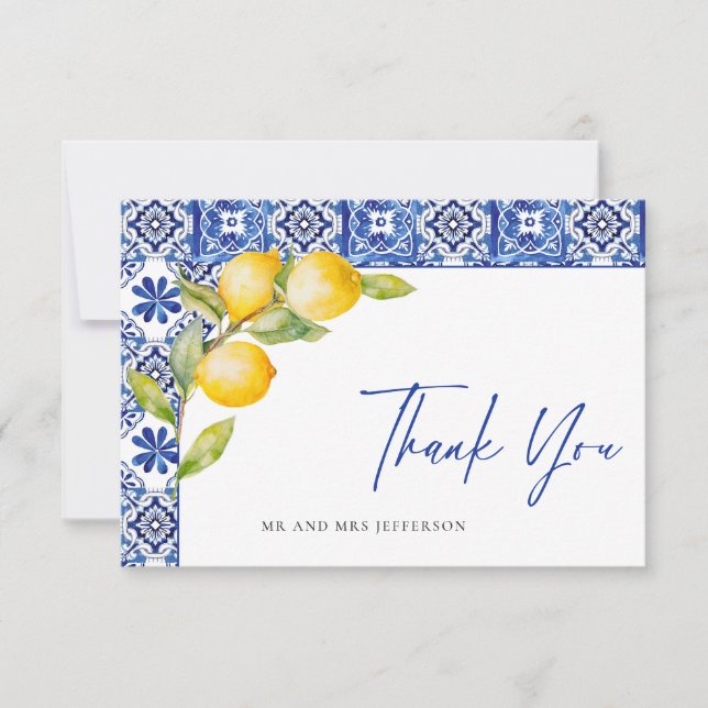 Blue Tiles Wedding Lemons Dankeskarte (Vorderseite)