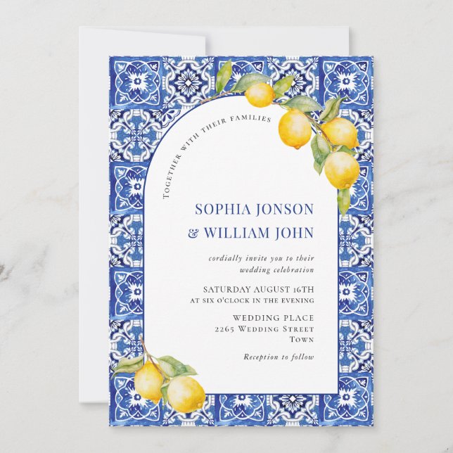 Blue Tiles Wedding Lemons Einladung (Vorderseite)