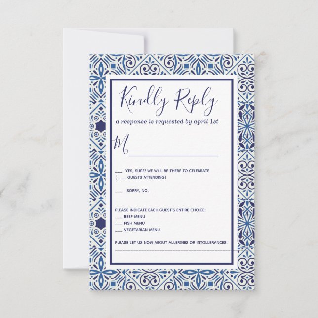 Blue Tiles Wedding RSVP Card Einladung (Vorderseite)