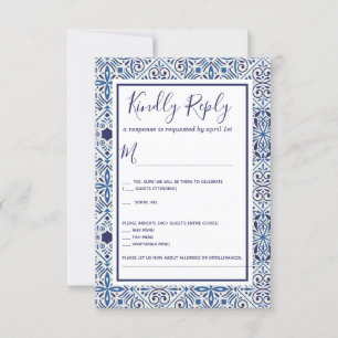 Blue Tiles Wedding RSVP Card Einladung