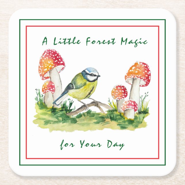 Blue Tit and Fly Agaric Watercolor Rechteckiger Pappuntersetzer (Vorderseite)