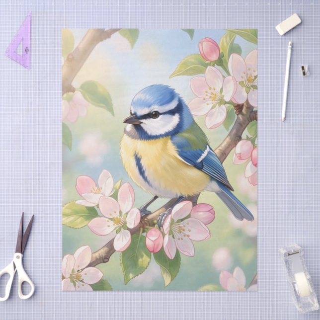  Blue Tit Bird on Apple Tree Spring Decoupage Seidenpapier (Basteln)