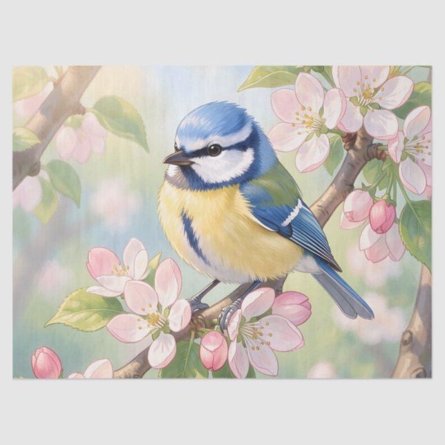  Blue Tit Bird on Apple Tree Spring Decoupage  Seidenpapier (Vorderseite)