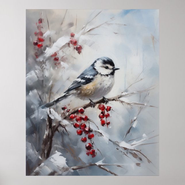Blue Tit Bird on Snowy Berries Winter Art Poster (Vorne)