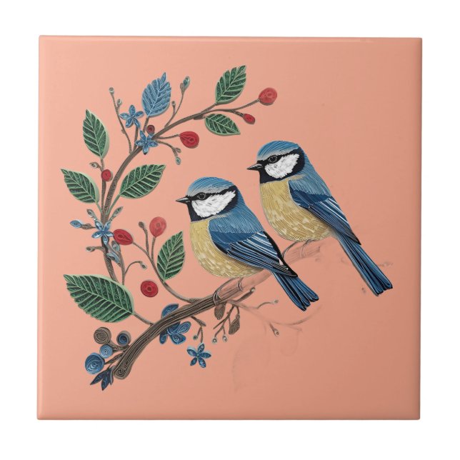 Blue tit birds on a vine Quilling design  Fliese (Vorderseite)